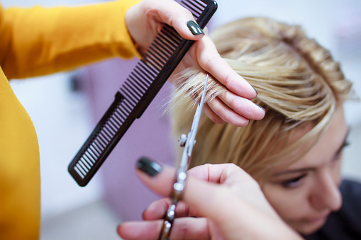 Close up of hairdressers hands holding scissors and comb and cutting blond hair of a female customer in a beauty salon
