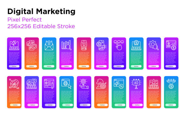 디지털 마케팅 씬 라인 아이콘 세트. 소셜 미디어, 광고, 전자 메일 마케팅, 전자 상거래, 온라인 쇼핑, 전환, 시작, 프로모션. 픽셀 완벽, 편집 가능한 스트로크. 벡터 일러스트레이션 - e commerce internet e mail shopping stock illustrations