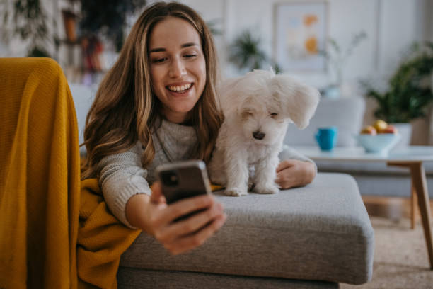 istock Woman relaxing with pet dog 1357885178