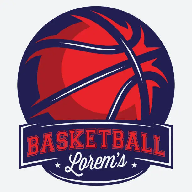 Vector illustration of Template for badge with basketball ball. Red and blue colors and shades. Vector editable color illustration on theme of sport.. Element for business card, website