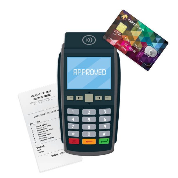 ilustrações de stock, clip art, desenhos animados e ícones de contactless payment terminal with credit card and receipt vector - credit card reader