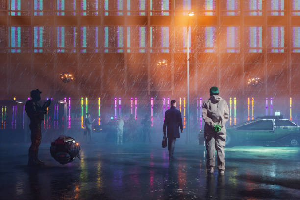 бизнесмен гуляет по дождливой улице с беспилотниками и военным наблюдением - security check flash стоковые фото и изображения