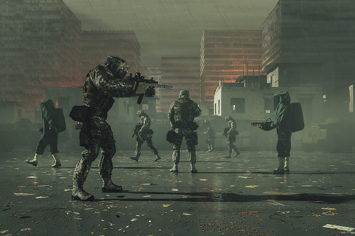 Futuristic army forces walking in dirty streets, 3D generated image.