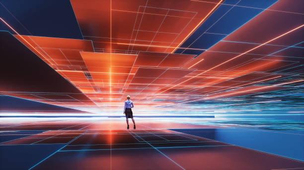istock Businesswoman in VR environment 1357887380