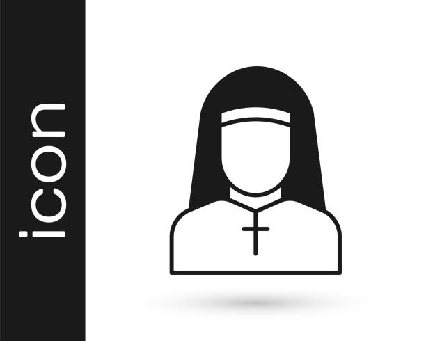 白い背景に分離された黒い修道女のアイコン。慈悲の姉妹。ベクトル - nun catholicism praying women点のイラスト素材／クリップアート素材／マンガ素材／アイコン素材