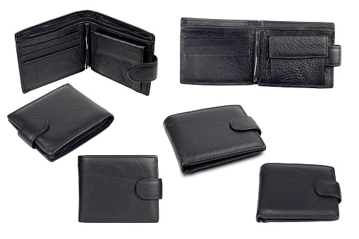 set, men's leather black wallet, isolated from the background, on a white background