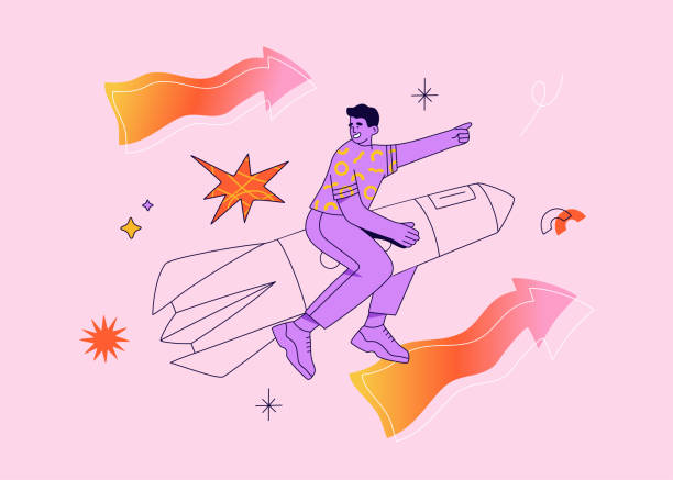 istock Young man flying on the rocket in sky. Businessman aim for a goal 1357889090