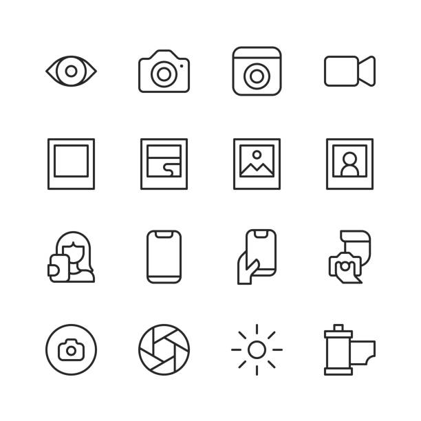 photography line icons. editable stroke, contains such icons as camera, exposure, eye, film, image, influencer,, movie, party, photo, photo book, photography, picture, security camera, selfie, social media, television, trim, video, video call, webcam. - portre stock illustrations