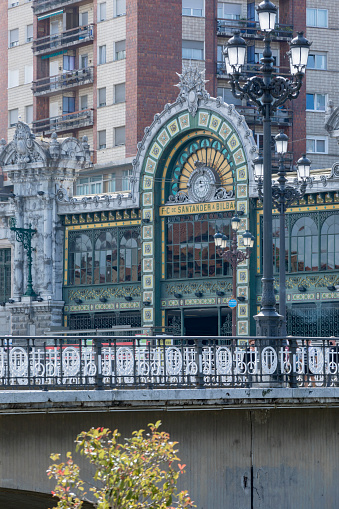 Bilbao, Spain - August 1, 2021: exterior of the Abando Indalecio Prieto train station in Bilbao in elegant Art Nouveau style