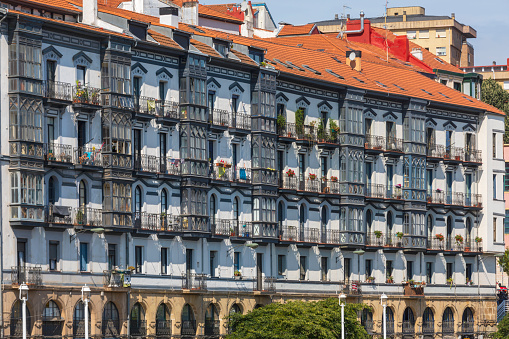 Bilbao, Spain - August 3, 2021: colorful architecture in the old town of Bilbao