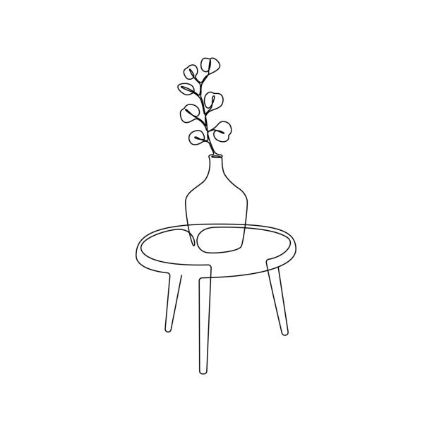 illustrazioni stock, clip art, cartoni animati e icone di tendenza di un disegno a linee continue di eucalipto vegetale in vaso sul tavolo. pianta d'appartamento dal contorno lineare per decorazioni d'interni domestiche di silhouette di contorno in stile loft alla moda. doodle illustrazione vettoriale - household item