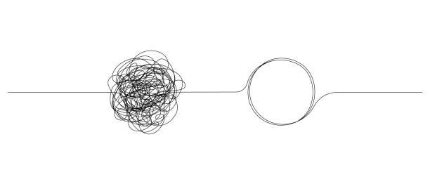ilustrações de stock, clip art, desenhos animados e ícones de chaotically tangled line and untied knot in form of circle. the concept of solving problems is easy. doodle vector illustration - cordel