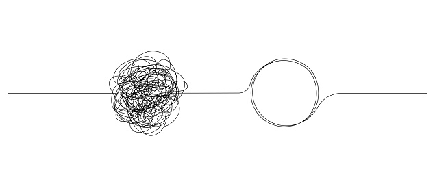 Chaotically tangled line and untied knot in form of circle. The concept of solving problems is easy. Doodle vector illustration.