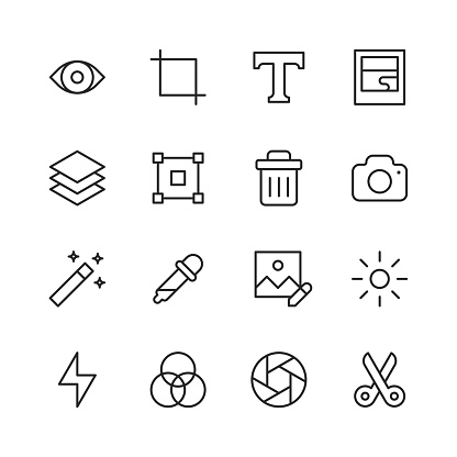16 Photo Editing Line Icons. Art, Camera, Colour Picker, Content, Cut, Delete, Exposure, Eye, Film, Font, Garbage, Hand Tool, Image, Image Editing, Layer, Mobile App, Movie, Photo, Photo Editing, Photography, Shutter, Social Media, Software, Text, Trimming, Zoom.