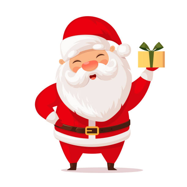 süßer weihnachtsmann mit weihnachtsgeschenk, vektorillustration - clip art holiday white background humor stock-grafiken, -clipart, -cartoons und -symbole