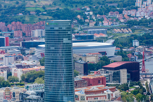 Bilbao, Spain - August 4, 2021: aerial view of Bilbao, one of the most important cities in northern Spain and the biggest city in the Basque Country.