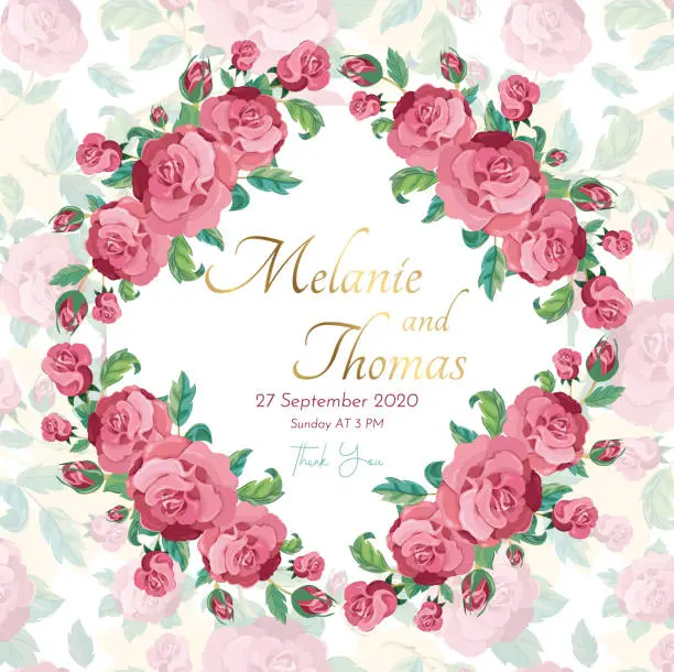 Vector illustration of Dusty pink rose wreath isolated on white. With soft rose pattern in the background. Wedding celebration invitation.