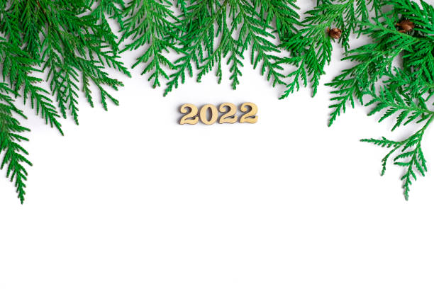 New year 2022. Wooden numbers 2022 with green chritmas tree branches on white background. New Year beginning congratulations and planning concept. Christmas greeting card. stock photo