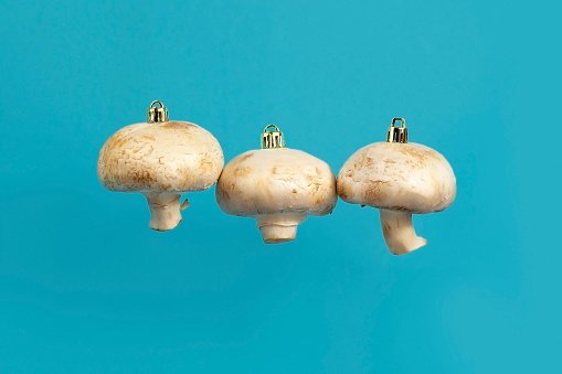 Christmas tree toys champignons on a blue background, vegan leather concept, alternative to animal skin, leather from mushroom mycelium, holidays