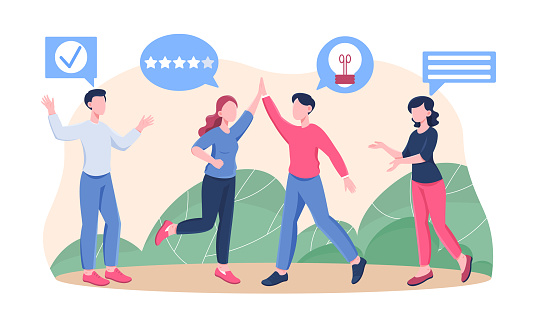 People teamwork partnership. Employees communicate in office. Part of team happy. Company celebrating its success. Coworking, company development, income growth. Cartoon flat vector illustration