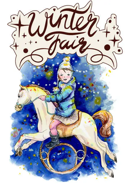 Vector illustration of Little girl riding a carousel horse