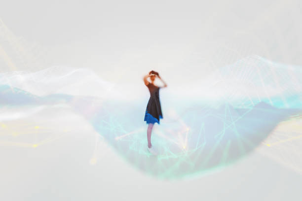 Young woman in VR environment, 3D generated image.