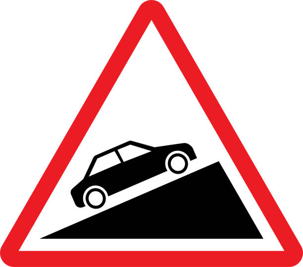 Steep uphill slope moving car warning sign on mountain road. Steep uphill slope moving car warning sign on mountain road. Red triangle background. steep stock illustrations