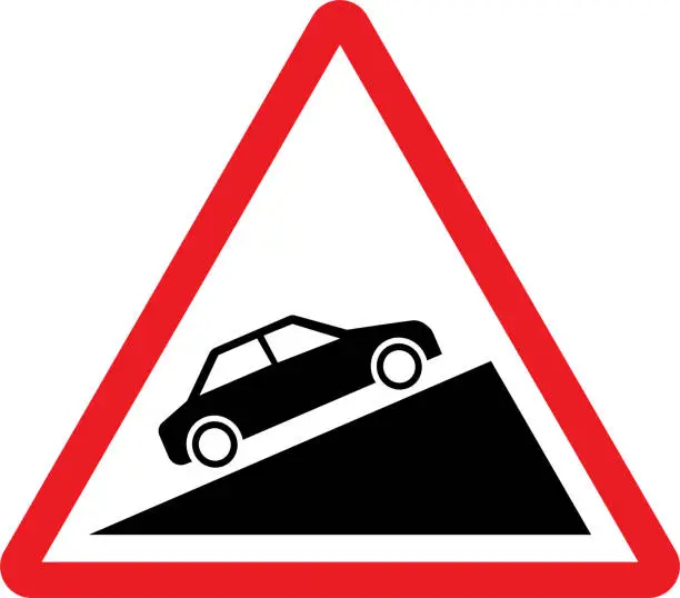 Vector illustration of Steep uphill slope moving car warning sign on mountain road.