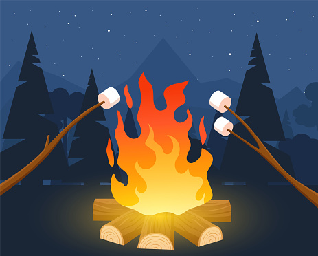 Bonfire with marshmallow. Cartoon camp background. Sweets roasting on fire. Night and forest. Outdoor recreation. Autumn campsite with fireplace. Picnic or camping. Vector illustration