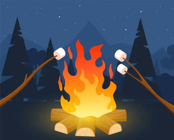 Vector illustration of Bonfire with marshmallow. Cartoon camp background. Sweets roasting on fire. Night and forest. Outdoor recreation. Autumn campsite with fireplace. Picnic or camping. Vector illustration