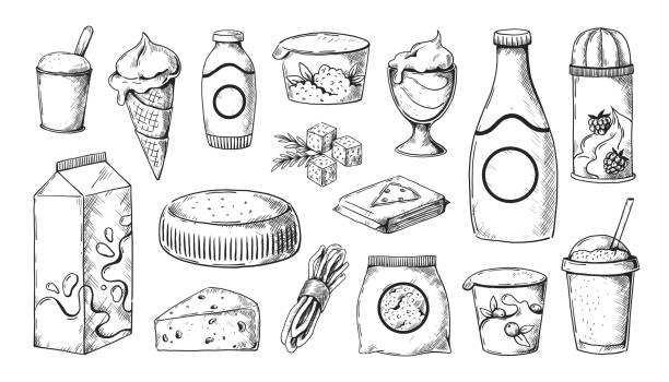 ilustraciones, imágenes clip art, dibujos animados e iconos de stock de boceto de leche. productos lácteos dibujados a mano en jarras y frascos. yogur de granja. plantillas de grabado de requesón y mantequilla. botella de crema batida y envase de cuajada. vector conjunto de alimentos naturales - butter dairy product yogurt milk