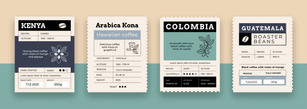 ilustrações de stock, clip art, desenhos animados e ícones de coffee label. food package label mockup with minimalistic grid layout. organic arabica espresso sticker with place for text. caffeine roasted beans packaging. vector vintage brand tag set - coffee bean coffee label retro revival