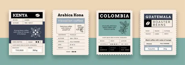 Vector illustration of Coffee label. Food package label mockup with minimalistic grid layout. Organic Arabica espresso sticker with place for text. Caffeine roasted beans packaging. Vector vintage brand tag set