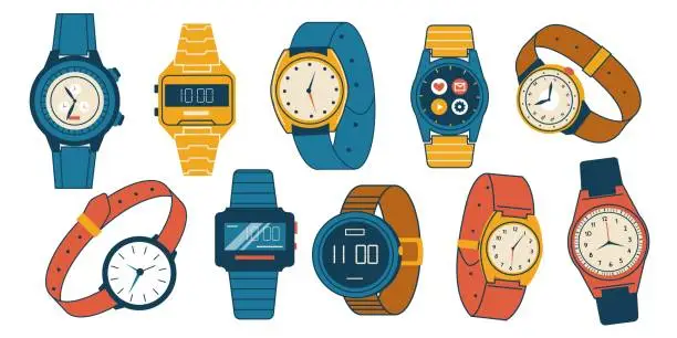 Vector illustration of Mens and womens wristwatch. Doodle analog and digital watches. Isolated smartwatches with colorful straps. Fashion time measure accessory collection. Hand clocks. Vector timepieces set