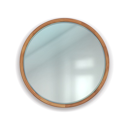 Realistic round mirror with wooden frame. Home interior element. 3D bathroom or bedroom wall decoration template. Geometric reflective glass surface in wood border. Makeup supplies. Vector furniture