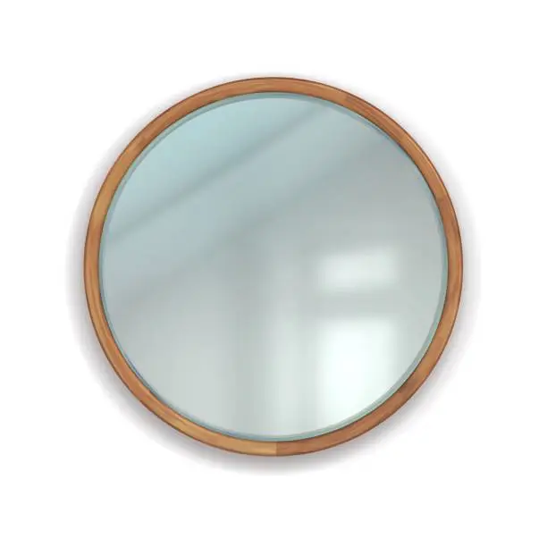 Vector illustration of Realistic round mirror with wooden frame. Home interior element. 3D bathroom or bedroom wall decoration. Geometric reflective surface in wood border. Makeup supplies. Vector furniture
