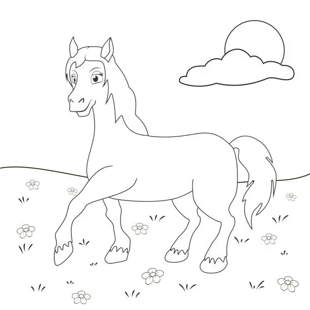 Vector illustration of Coloring page outline of cartoon horse. Page for coloring book of funny foal for kids. Activity colorless picture about cute animals. Anti-stress page for child. Black and white vector illustration.