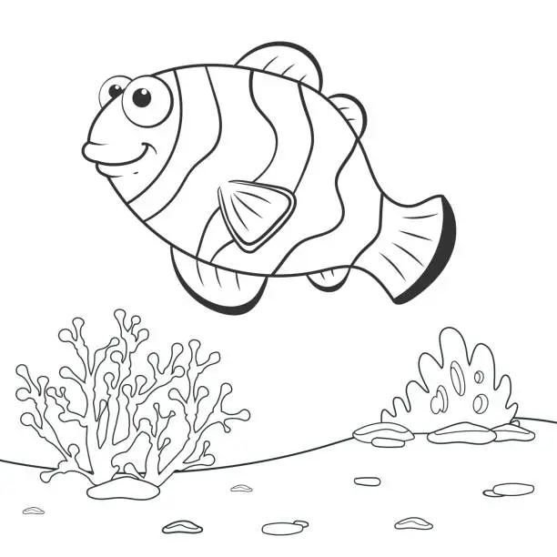 Vector illustration of Coloring page outline of cartoon Clown Fish. Page for coloring book of funny fish for kids. Activity colorless picture of cute animals. Anti-stress page for child. Black and white vector illustration.