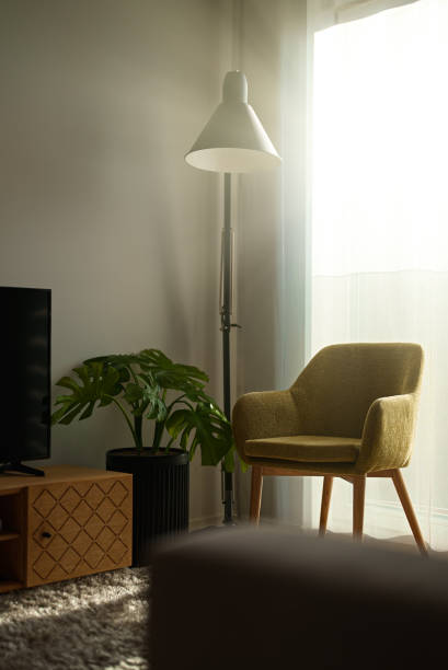 istock Armchair with lamp in morning. Scandinavian interior. 1357896239