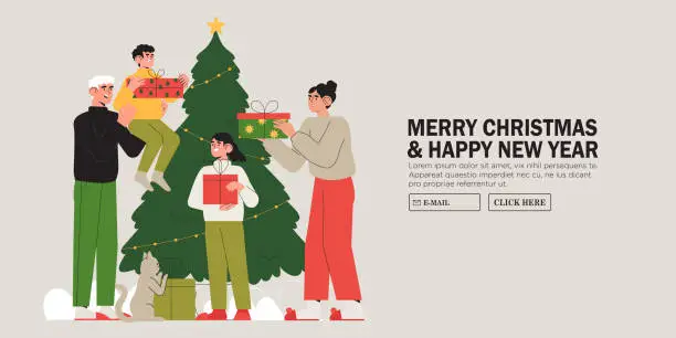 Vector illustration of Happy family near christmas tree together give gifts or presents. Christmas and new year preparations banner, flyer, landing page. Trendy characters celebrate winter holidays and x-mas at home.