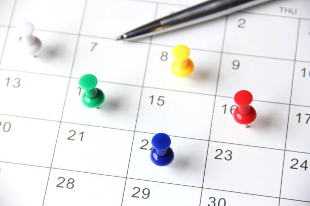 istock Calendar with pen and thumbtack pins, planning concept. 1357897972