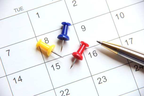 istock Calendar with pen and thumbtack pins, planning concept. 1357898009