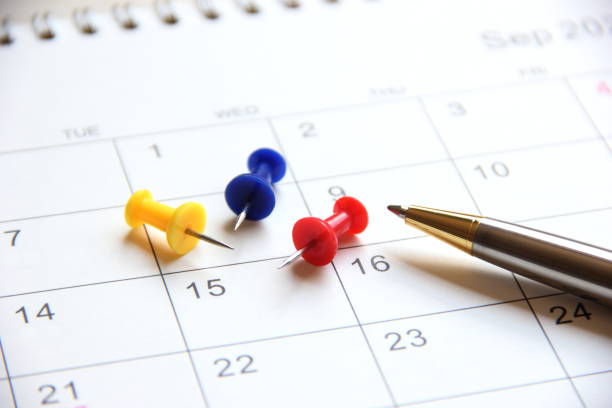 istock Calendar with pen and thumbtack pins, planning concept. 1357898019
