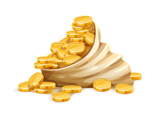 ilustrações, clipart, desenhos animados e ícones de moedas de ouro em saco aberto monte de vetor isolado. ilustração. - coin currency stack gold