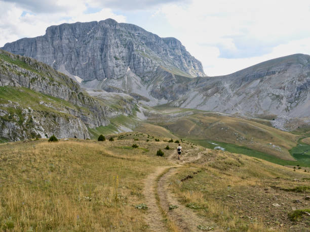 A young man walks on the Astrakas plateau near to Drakolimni - Dragon Lake Papigko is one of the Zagori villages (s.a. Monodendri, Tsepelovo), Vikos Gorge, Tymfi, Epirus zagori stock pictures, royalty-free photos & images