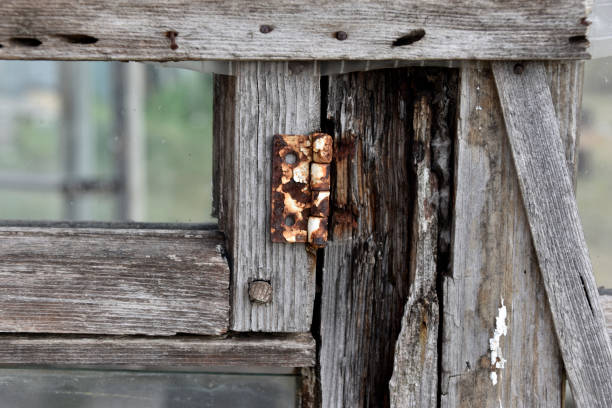 istock Old wooden painted rotten windows with glass 1357900703