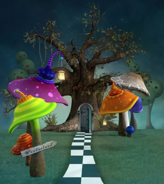 Magic chessboard path taking to surreal trees with mushrooms all around – 3D render