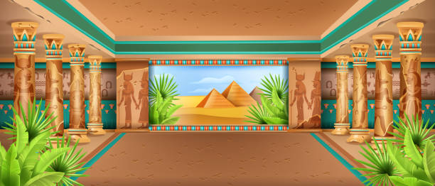 Egypt temple interior background, vector ancient pharaoh pyramid palace, Egyptian desert view. Old stone column, game civilization panoramic landscape, palm leaf, antique wall hieroglyph. Egypt temple egyptian palace stock illustrations