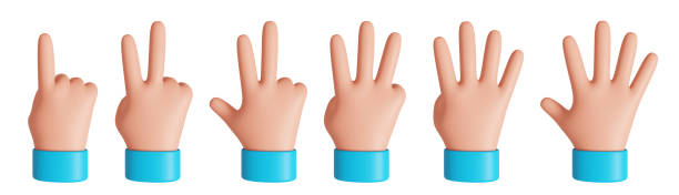 Front view cartoon hand showing fingers from one to five. Rating or countdown design elements. 3D rendered image.