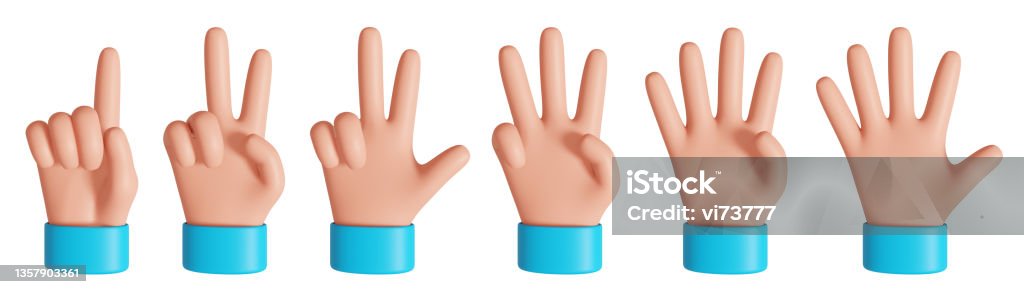 Back view cartoon hand showing fingers from one to five. Rating or countdown design elements. 3D rendered image. Back view cartoon hand showing fingers from one to five. Rating or countdown design elements. 3D rendered image Finger Stock Photo